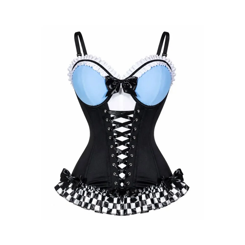 PRE-ORDER Lavish Blue/White/Black w/Checker Stretch Lycra Bustier Corset with U